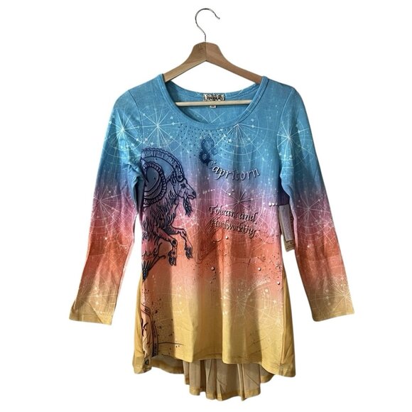 One World Brushed Knit Tunic Top Sz Small Capricorn Astrology Zodiac Mesh Hi Low - Picture 1 of 8